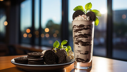 Indulgent dessert dark chocolate ice cream with mint leaf generated by AI - obrazy, fototapety, plakaty