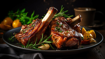 Fototapeta na wymiar Professionally roasted pork ribs piping lamb chops