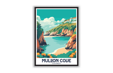 Mullion Cove, Cornwall. Vintage Travel Posters. Vector art. Famous Tourist Destinations Posters Art Prints Wall Art and Print Set Abstract Travel for Hikers Campers Living Room Decor