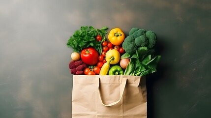 Zero waste and eco friendly shopping with vegetables and fruits in natural textile and paper bags...