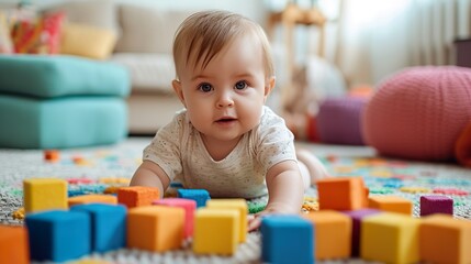 Child playing with blocks made with Ai generative technology, person is fictional
