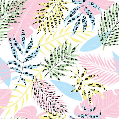 summer tropical Hawaiian leaf seamless vector print and pattern. For swimwear fashion stationary girls, teens and ladies. Bright fun colours in pink, yellow and blue. White background. 