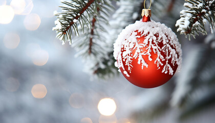 Snowflake ornament hanging on a snowy tree branch generated by AI