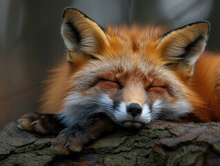 
Fotografía de un zorro en un bosque, durmiendo en un tronco, bosque oculto, foto de la naturaleza, primer plano, tierno, animales adorables