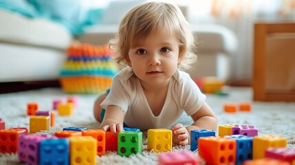 Child playing with blocks made with Ai generative technology, person is fictional