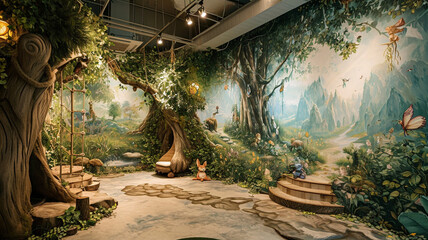 An imaginative playroom featuring a floor-to-ceiling mural of a fantasy forest 8k, --ar 169 --v 6.0...