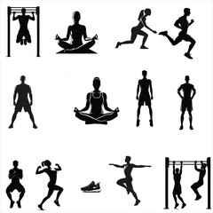 Collection of different exercise silhouettes ,calisthenics silhouettes ,female fitness, full body exercises  , pushup exercise