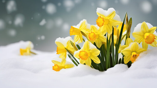 close-up of yellow daffodil, in the snow
