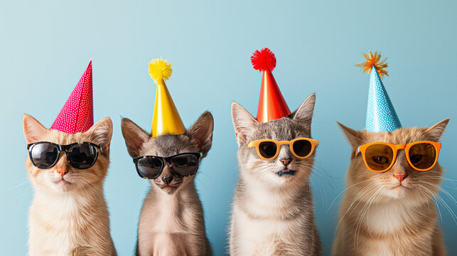 Fr&ouml;hliche lustige und l&auml;chelnde 3d Tiere auf einer Tierparty machen eine Party mit Partyh&uuml;ten und Sonnenbrillen sowie Luftballons als Kartenmotiv f&uuml;r Gru&szlig;karte Generative AI