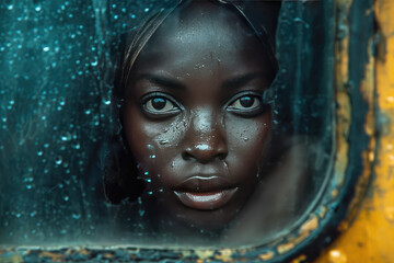 Retrato muy expresivo de mujer africana llorando en la ventana de un tren al despedirse de su familia

