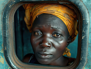 Retrato muy expresivo de mujer africana llorando en la ventana de un tren al despedirse de su familia

 - obrazy, fototapety, plakaty