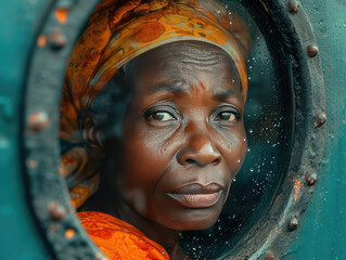 Retrato muy expresivo de mujer africana llorando en la ventana de un tren al despedirse de su familia

