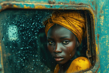 Retrato muy expresivo de mujer africana llorando en la ventana de un tren al despedirse de su familia

 - obrazy, fototapety, plakaty