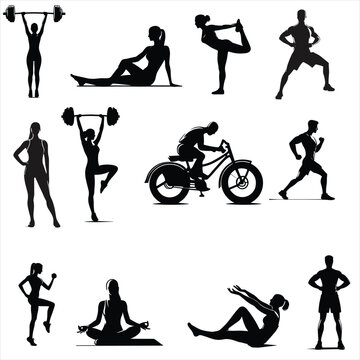 Collection of different exercise silhouettes ,calisthenics silhouettes ,female fitness, full body exercises  , pushup exercise