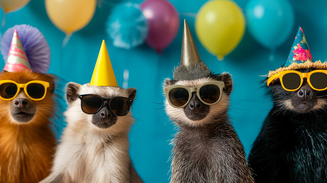 Fr&ouml;hliche lustige und l&auml;chelnde 3d Tiere auf einer Tierparty machen eine Party mit Partyh&uuml;ten und Sonnenbrillen sowie Luftballons als Kartenmotiv f&uuml;r Gru&szlig;karte Generative AI