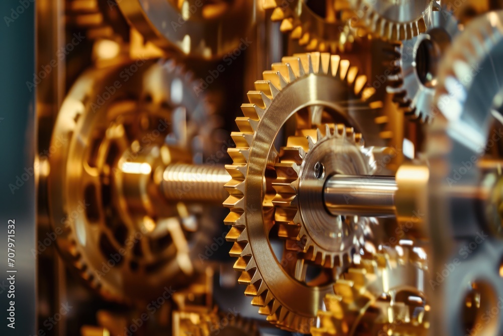 Poster A close-up view of the intricate gears of a clock. This image can be used to depict the concept of time, precision, engineering, or mechanics