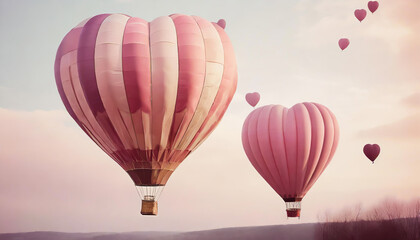 Fototapeta premium Heart-shaped Pink hot air balloons in a pastel sky; valentine wallpaper concept