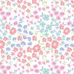 Ditsy floral seamless pattern. Cute small flower and leaves print in repeat. Vector illustration. pretty colours. girly. Hand drawn for girls and teens fashion clothing swim and nightwear. spring