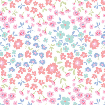 Ditsy floral seamless pattern. Cute small flower and leaves print in repeat. Vector illustration. pretty colours. girly. Hand drawn for girls and teens fashion clothing swim and nightwear. spring