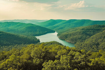 A scenic aerial view of a winding river through lush green forested mountains, depicting serenity and natural beauty.