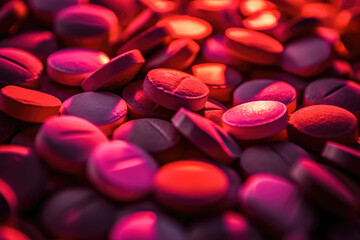 A close-up shot of assorted red and purple pills, representing medical treatment and healthcare concepts.