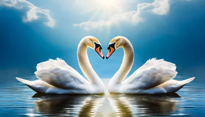 Foto op Aluminium Two swans forming a heart shape on a tranquil lake  valentine wallpaper concept © Vincent Goh
