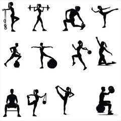 Collection of different exercise silhouettes ,calisthenics silhouettes ,female fitness, full body exercises , pushup exercise	