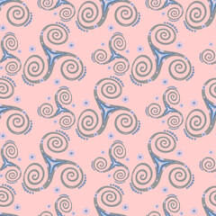 Ancient triple spiral celtic triskele sacred sign seamless ornament. Trinity helix