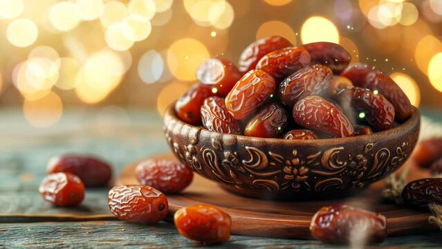 dates fruit on wooden table with light of the sun. seamless loop 4k animation background