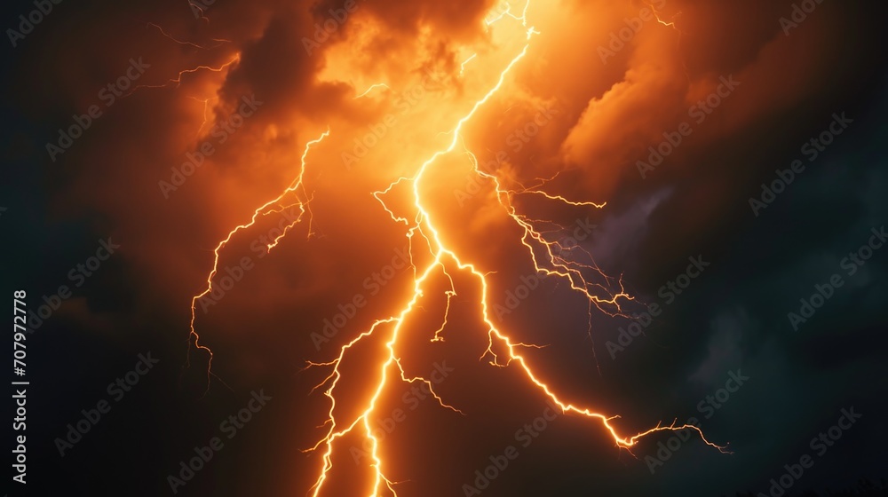 Poster a striking image of a bright orange lightning bolt cutting through a dark sky. perfect for adding dr