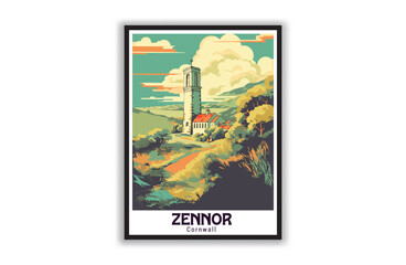 Zennor, Cornwall. Vintage Travel Posters. Vector art. Famous Tourist Destinations Posters Art Prints Wall Art and Print Set Abstract Travel for Hikers Campers Living Room Decor