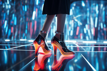 Close up female legs wearing pair of futuristic fashion female shoes on heels made of mirror material shimmering in different colors standing on a glance surface. Futuristic, virtual fashion concept.