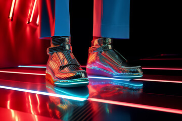 Close legs wearing pair of futuristic fashion sporty unisex made of glowing metallic material standing on a glance surface in neon light. Futuristic, virtual fashion concept. - obrazy, fototapety, plakaty