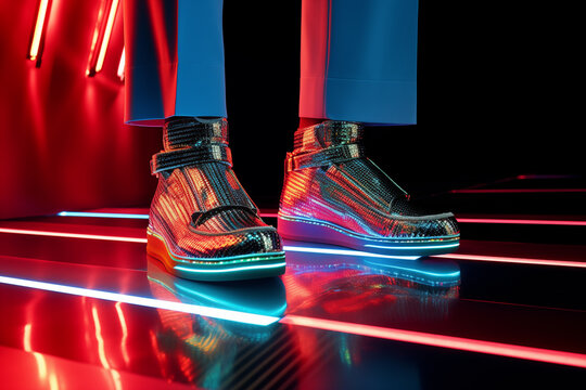 Close legs wearing pair of futuristic fashion sporty unisex made of glowing metallic material standing on a glance surface in neon light. Futuristic, virtual fashion concept.