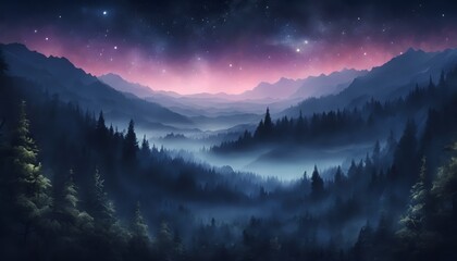 Fototapeta na wymiar Beautiful View of Misty Aurora Night Mountain Forest Landscape 4k Horizontal Wallpaper Illustration