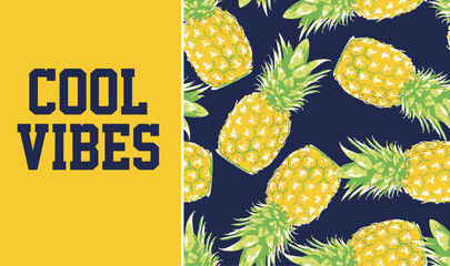 Cool pineapple slogan and seamless pattern for boys t shirt shorts and swimwear.  Summer graphic . Yellow and navy back ground. cool vibes typography varsity vector slogan for boys and teens. - obrazy, fototapety, plakaty