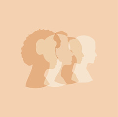 Silhouettes of women of different nationalities standing side by side. Black silhouette of woman set, side view, face and neck only. Female silhouette. Women's equality day. International Women's Day.