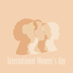 Silhouettes of women of different nationalities standing side by side. White silhouette of woman set, side view, face and neck only. Female silhouette. Women's equality day. International Women's Day.