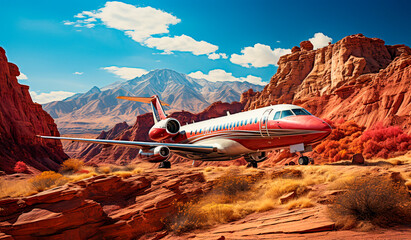 scenes of an airplane flying through a red rock canyon. Emotionally evocative visuals with vibrant colors. A combination of dry and witty humor and stunning scenery. Sun-soaked color palette