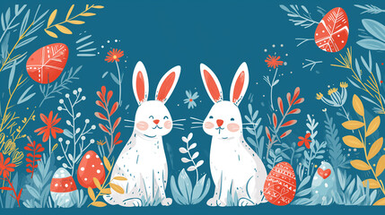 Holiday easter blue background, bunnies and eggs. Easter banner can be used for holiday design, banners, greeting cards