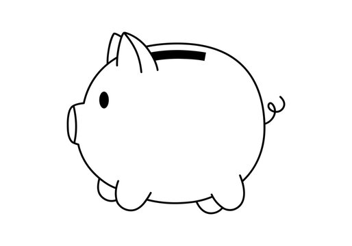 Hand drawn cute outline illustration of empty piggy bank character. Flat vector moneybox mascot for savings sticker in line art doodle style. Financial literacy or bank deposit icon or print. Isolated