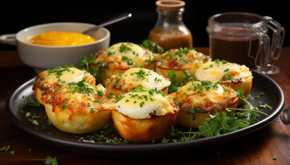 Freshly cooked gourmet meal on wooden table, healthy vegetarian appetizer generated by AI