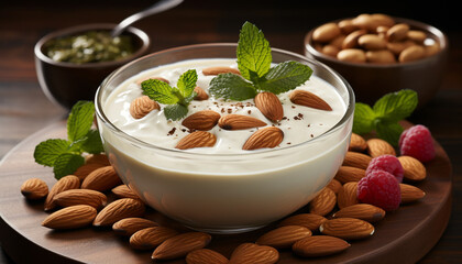 Mint leaf, culinary freshness, dessert yogurt, almond fruit snack generated by AI