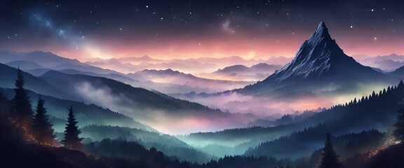 Beautiful View of Misty Aurora Night Mountain Forest Landscape 4k Ultrawide Wallpaper Illustration