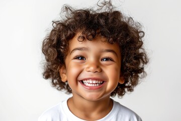 Very smiling and happy child, with perfect white teeth, with an adorable gesture, poses on a white background.