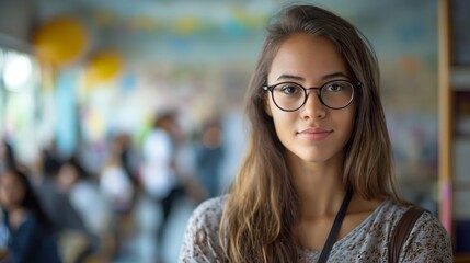 Young university student girl, posing calmly in class, with students out of focus in the background. - obrazy, fototapety, plakaty