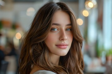 Obraz premium Young woman, sitting inside a room, has a seductive and captivating look.