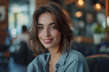Naklejka premium Portrait of a beautiful young woman, with serene eyes and perfect hair, inside a store with the background out of focus.