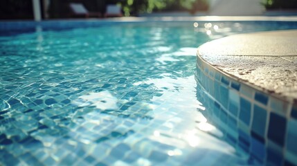 A close-up view of a swimming pool with vibrant blue water. Perfect for showcasing a refreshing summer oasis.