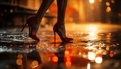 Young women walking in high heels, reflecting glamour and elegance generated by AI - obrazy, fototapety, plakaty